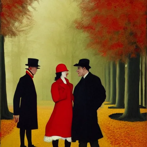 Image similar to A thin man in a black coat and bowler hat talks with girl who is dressed in a red coat and a red hat, Berlin park, autumn, 1923, in the style of in the style of Francis Bacon and Syd Mead and Norman Rockwell and Beksinski, high detail, width 768