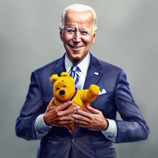 Image similar to Joe Biden holding Winnie the Pooh. Highly detailed painting Greg rutkowski. Good clear quality, high detail, octagon render 8k