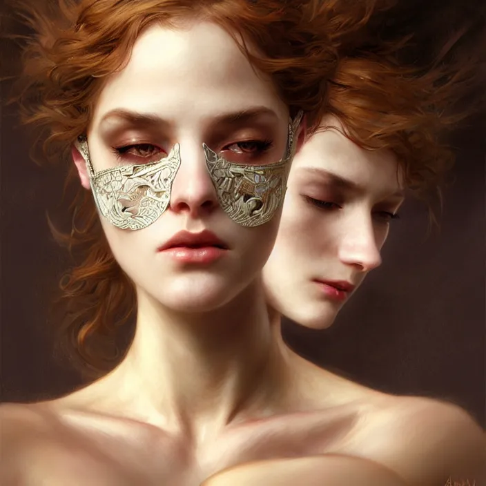 Prompt: removing mask under another mask, diffuse lighting, fantasy, intricate, elegant, highly detailed, lifelike, photorealistic, digital painting, artstation, illustration, concept art, smooth, sharp focus, art by John Collier and Albert Aublet and Krenz Cushart and Artem Demura and Alphonse Mucha