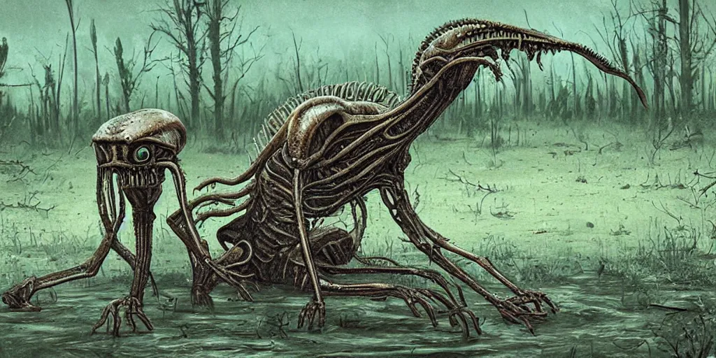 Image similar to extremely disturbing alien creature crawling through a swamp, created by Scott Listfield