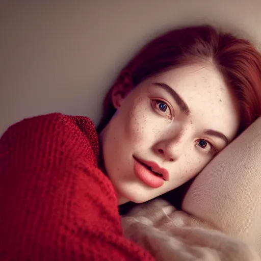 Image similar to portrait of a cute thin young woman, red blush, cute freckles wearing casual clothes, small smile, relaxing on a couch, cozy under a blanket, cozy living room, close up shot, 8 k, octane render, trending on artstation, art by artgerm and irakli nadar,, hyperrealism, hyperdetailed, ultra realistic