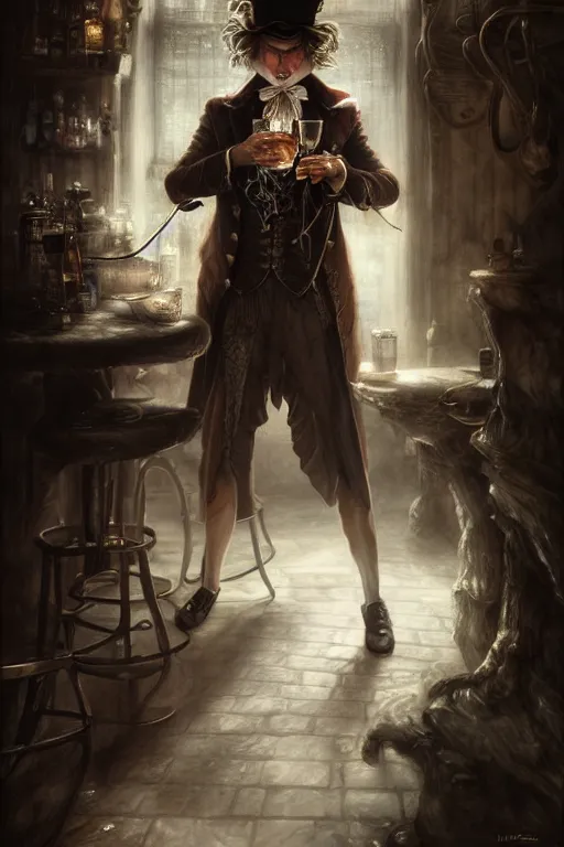 Image similar to mad hatter, portrait of young man, tavern, by wlop, by luis royo, by peter mohrbacher, concept art, digital illustration, intricate, masterpiece, elegant, super detailed, unreal engine rendering, smooth, sharp focus, artstation hq