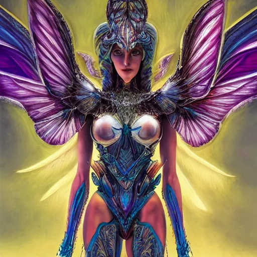 Prompt: a beautiful symmetrical woman full body wearing diamond armor with translucent colorful wings by alex gray and android jones , Karol Bak, Ayami Kojima, Amano , concept art, character design, fantasy,3D, 8k resolution