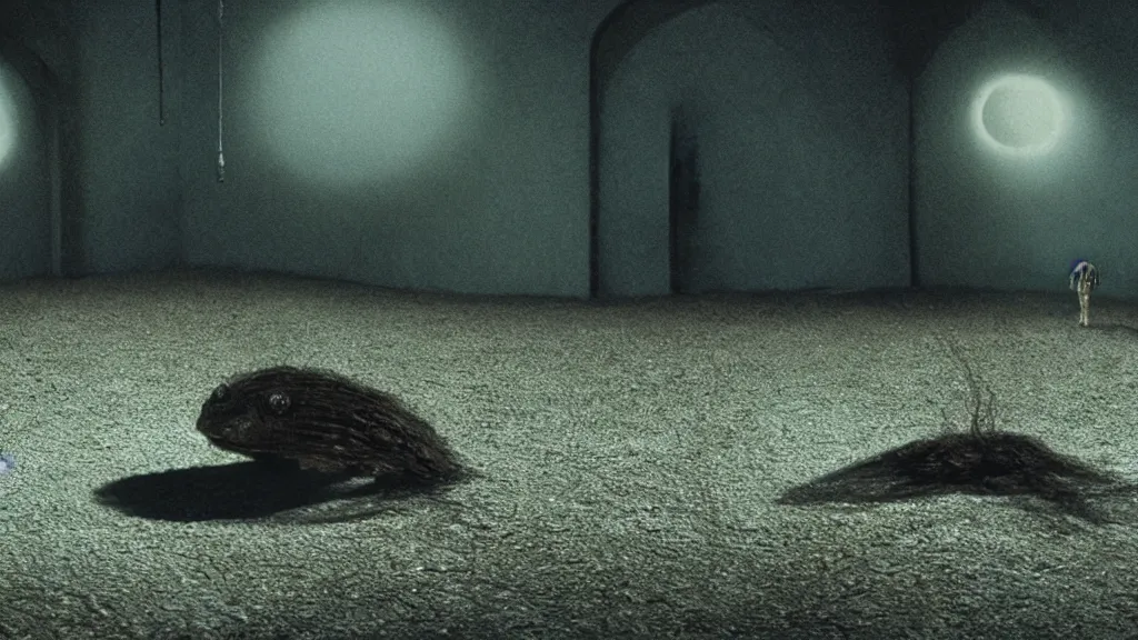 Image similar to the creature that knows where I live, made of oil, film still from the movie directed by Denis Villeneuve with art direction by Salvador Dalí, wide lens