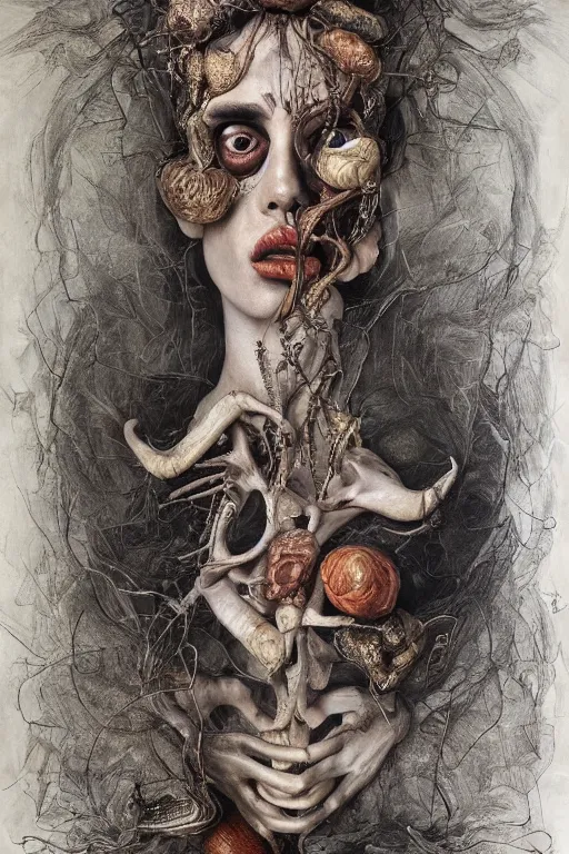 Image similar to Detailed maximalist portrait of a greek god with large lips and eyes, scared expression, botanical skeletal with extra flesh, HD mixed media, 3D collage, highly detailed and intricate, surreal illustration in the style of Jenny Saville, dark art, baroque, centred in image