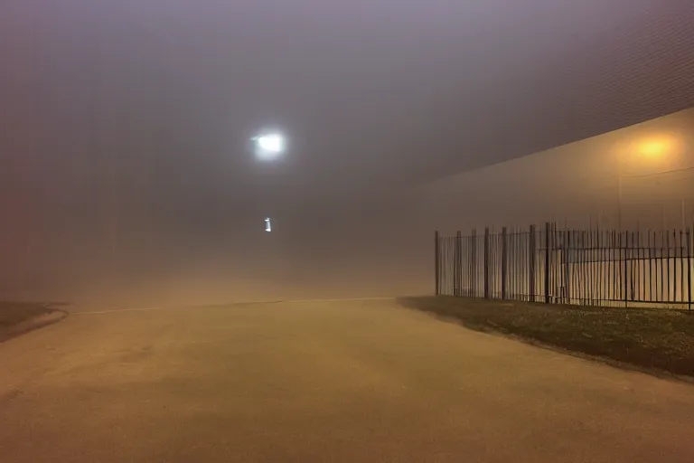 Image similar to a liminal parking tower seen from inside. Low camera angle. Nighttime. Diffused light, misty atmosphere. Long shadows gives an eerie feeling of doom. Wide angle lens.