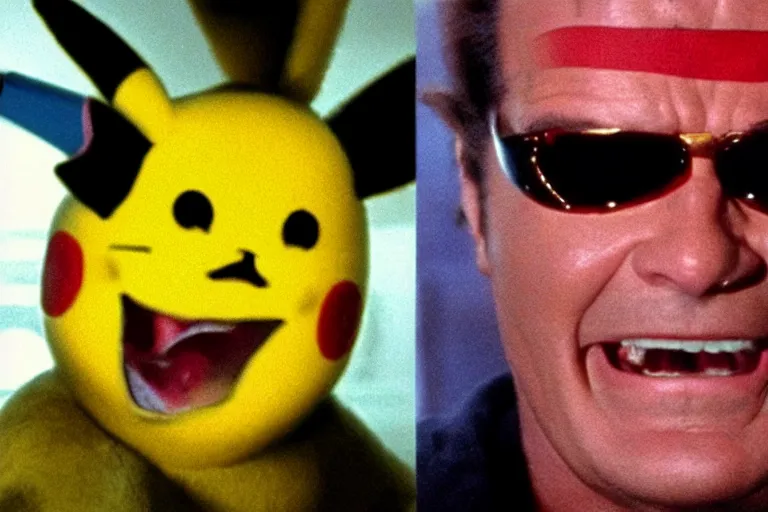 Image similar to Jack Nicholson plays Terminator Pikachu, scene where his inner exoskeleton is visible and his eye glows red