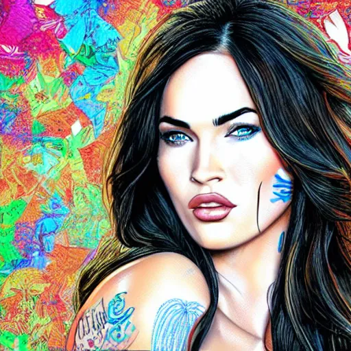 Image similar to megan fox portrait by arunas kacinskas, digital illustration, colorful sketch, pencils, patterns in the background