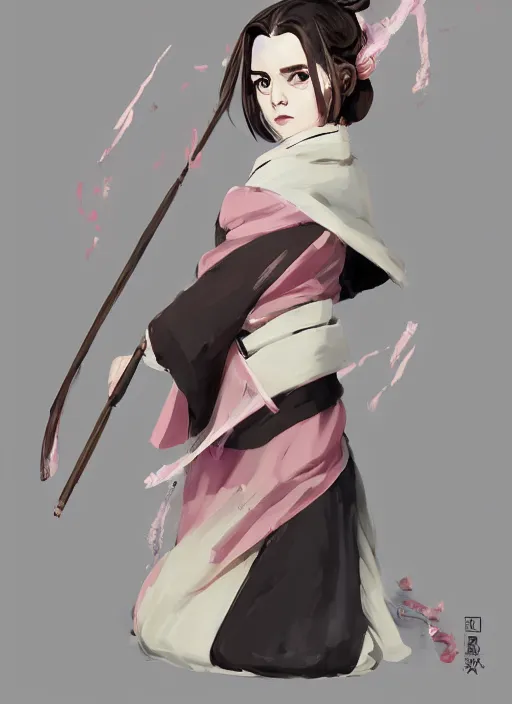 Image similar to emma watson as nezuko Kamado from demon slayer anime ねずこ nezuko from demon slayer anime ねずこ nezuko from demon slayer anime ねずこ wearing kimono wrapped mouth by artgem by greg rutkowski trending on artstation