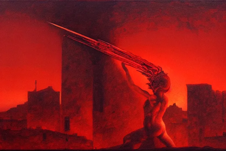 Image similar to only with red, a red melted apollo with a laurel wreath and a flaming sword announce the win, athens in the background, in the style of beksinski, part by hopper, part by rodcenko, part by hofbauer, intricate composition, red by caravaggio, insanely quality, highly detailed, masterpiece, red light, artstation