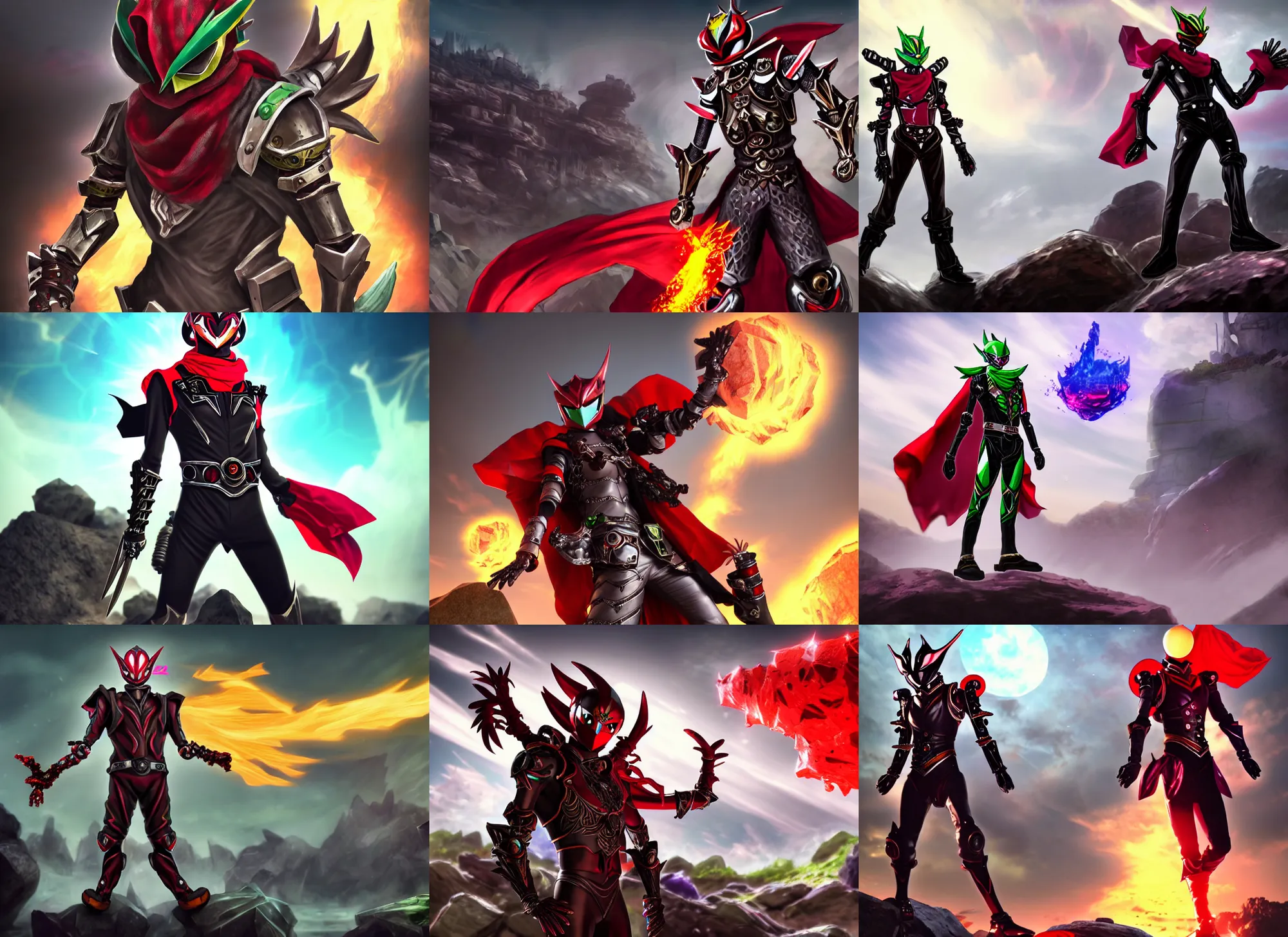 Prompt: High Fantasy Kamen Rider with a red scarf billowing behind him standing in a rock quarry, full body single character, League of Legends Character Splash Art, rubber suit, biomechanical elements, Arcane style, action scene, fight scene, good value control, high quality, 4k, ultra realistic, highly detailed, illustration, promotional image, matte painting, rule of thirds, centered, cinematography, moonlit night,