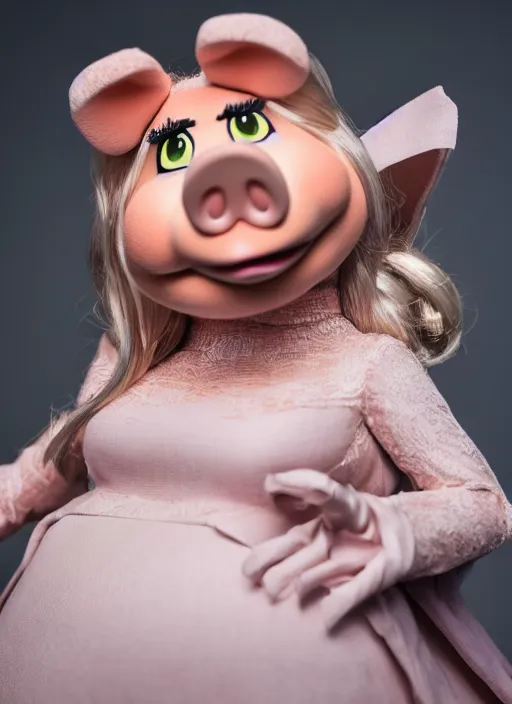 Image similar to portrait of ms. piggy as the plain doll from bloodborne, natural light, detailed face, canon eos c 3 0 0, ƒ 1. 8, 3 5 mm, 8 k, medium - format print, half body shot