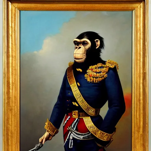 Image similar to An exquisite modern painting of a chimpanzee dressed like a bearded Napoleon with correct military uniform, no frames