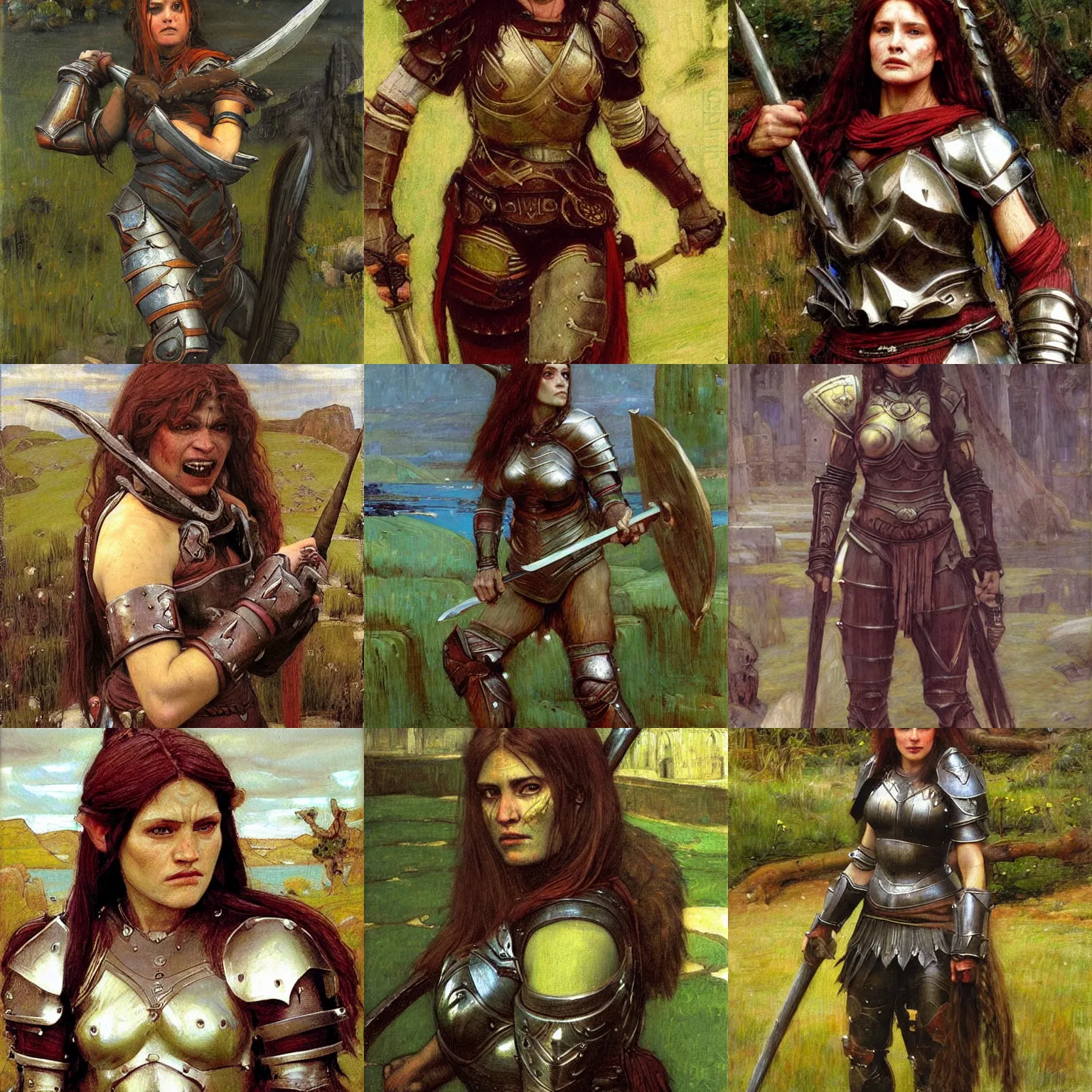 Prompt: female orc warrior in armor, highly detailed, pre - raphaelite, in the style of john william waterhouse, oil painting