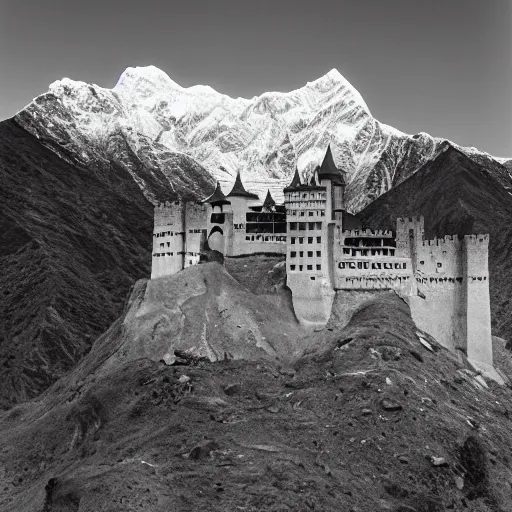 Prompt: a little castle in the middle of a mountain of the Himalayas, photoshoot style, realist, cinematic shot, 1950's photography