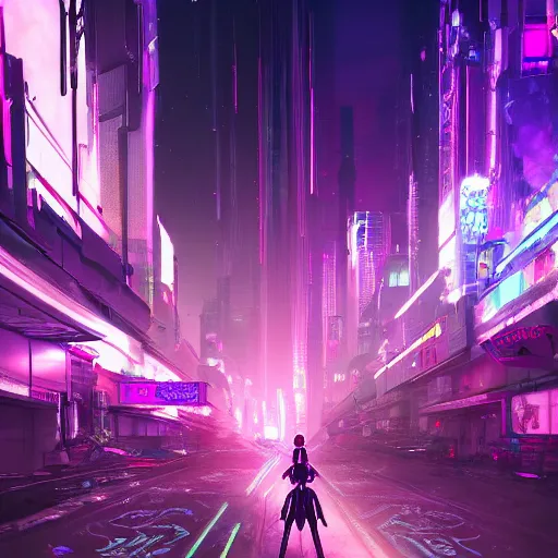 Prompt: cyberpunk elf city in the future, lean elf cyborg with mechanical neon prosthetics standing on a road, sharp edges, neon lighting buildings, long exposure, depth of field, wisps of purple blue and pink glowing smoke, dramatic light, dystopian environment, intricate, highly detailed, artstation