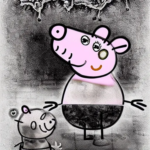 Image similar to Peppa Pig in Stephen Gammell style, evil, high detail, monochrome, Scary Stories