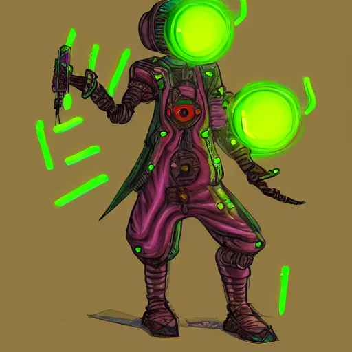 Image similar to concept art of a cyberpunk pirate robot that is overgrown by neon mushrooms, digital art, concept art, character sheet, character design