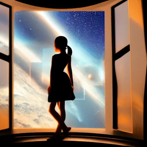 Image similar to a partial silhouette of a girl looking out a large window at a space scene, lofi aesthetic volumetric lighting, dramatic, realistic, intense,