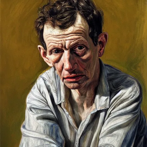 Image similar to high quality high detail painting by lucian freud, hd, exaggerated portrait of a lost soul, photorealistic lighting