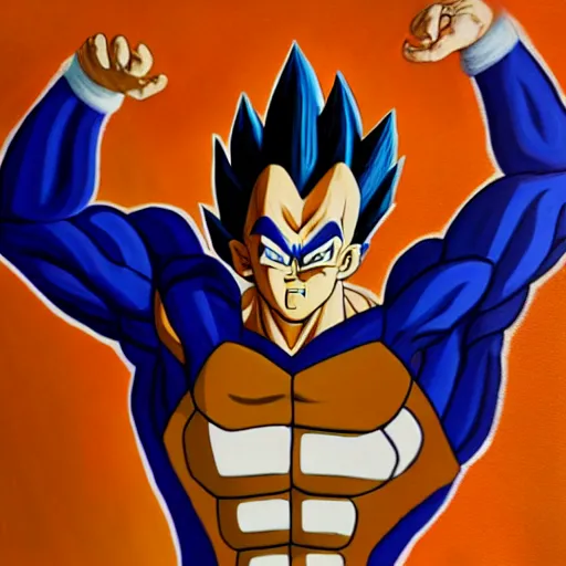 Prompt: oil paint of a fusion of old vegeta and oabama as a oil painting, gogeta, realistic painting, non anime, 4 k, detailed, full body, painting, on paper, paint smears, smooth, by a oil painter