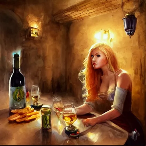 Image similar to blonde hot woman in wine cellar, boba fett!, drinking beer, eating meat, cozy, inviting, atmospheric, torches on the wall, watercolor! by vladimir volegov