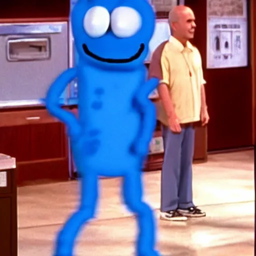 Image similar to still image of hyper realistic mr. meeseeks as a guest star on seinfeld, cinematic ( 1 9 9 4 )