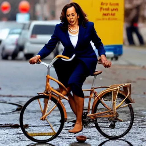 Image similar to kamala harris falling off a bicycle into a puddle of chocolate