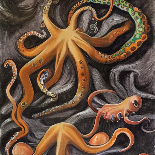 Image similar to octopus and cats fighting for life, digital paintingl