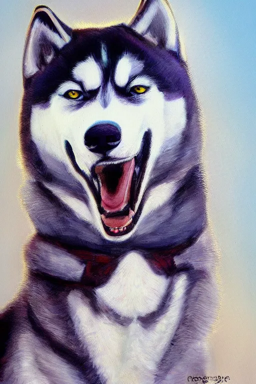 Prompt: a portrait painting of a husky in cowboy costume, character design, anime, humanoid, personify, anthropomorphic