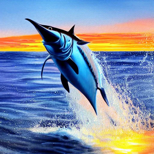 Image similar to detailed blue marlin jumping in front of sunset, dusk, calm seas, digital painting, smooth, sharp detail, 4 k ultra hd