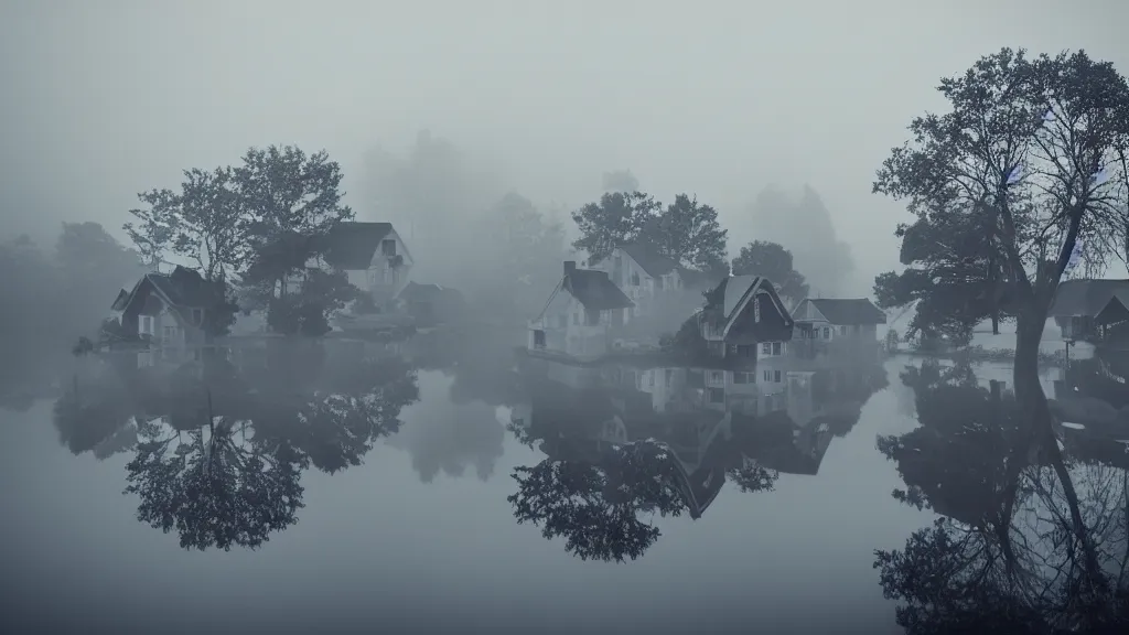 Prompt: village with beautiful houses in the fog on the lake, fog, volumetric lighting, mystique, atmospheric, conept art, sharp focus, ultra detailed, noir arthouse, 4 k, cinematic, 3 5 mm