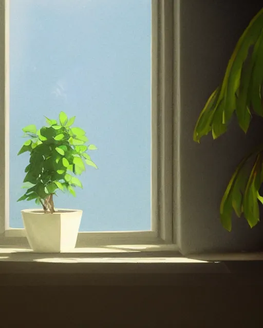 Prompt: a plant on a window sill, sunbeams, natural lighting. 8 k, octane render, full shot. by makoto shinkai, stanley artgerm lau, wlop, rossdraws, james jean, andrei riabovitchev, marc simonetti, krenz cushart, sakimichan, d & d trending on artstation, digital art.