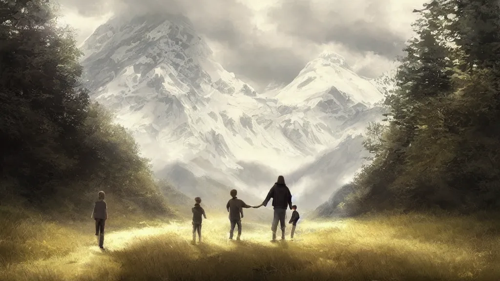 Image similar to “ a couple and a young boy, walk on a trail in forest, with a white color golden retriever, mountains in the background, highly detailed, by charlie bowater, by greg rutkowski ”