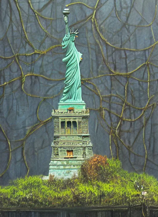 Image similar to hyper detailed oil painting of the statue of liberty; cracked, decaying, covered in moss and vines; thunderstorm; moody cinematic lighting, painted by Greg Rukowtski, trending on Artstation