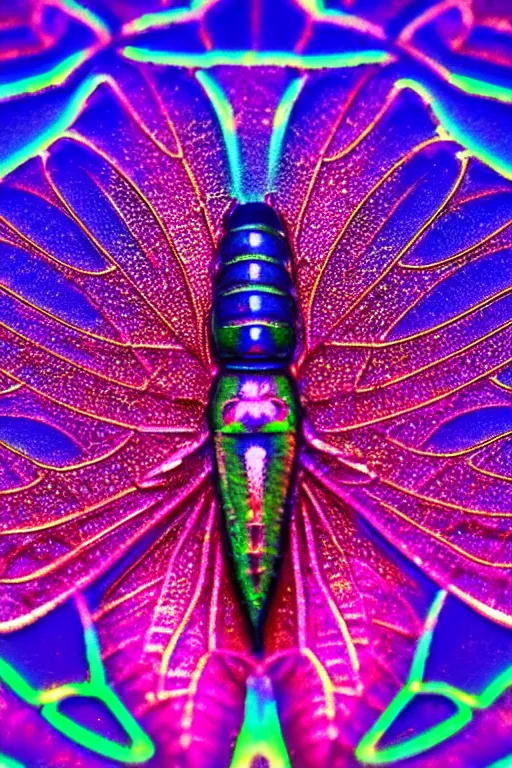 Prompt: high quality macro photo holographic art nouveau fly! jeweled gorgeous! highly detailed digital art david ligare elson peter cinematic purple neon lighting high quality low angle hd 8k sharp shallow depth of field