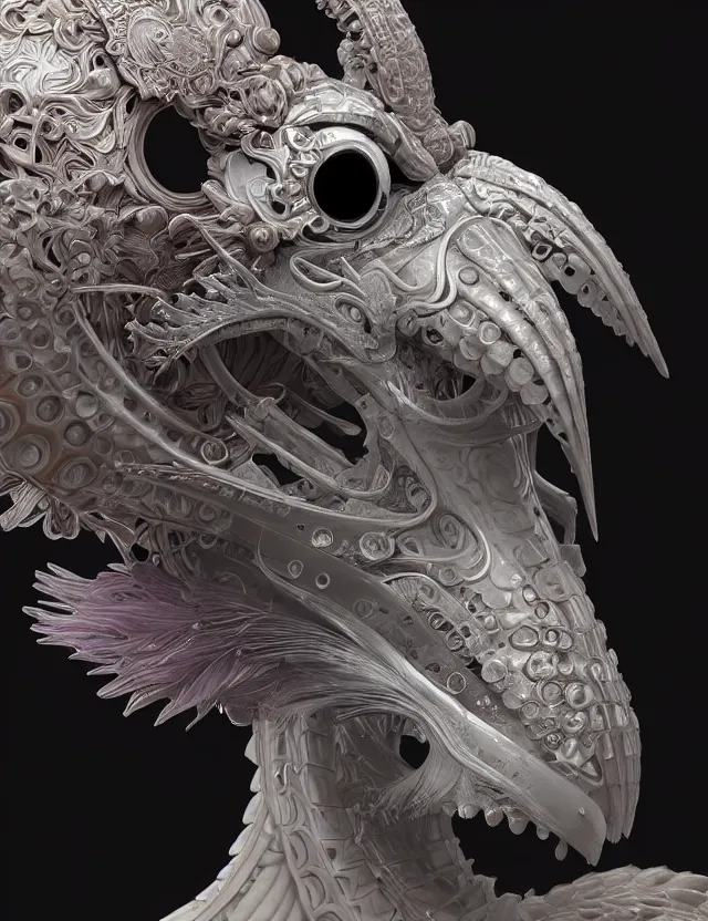 Image similar to 3 d hard surface modelling goddess close - up profile portrait with ram skull. beautiful intricately detailed japanese crow kitsune mask and clasical japanese kimono. betta fish, jellyfish phoenix, bio luminescent, plasma, ice, water, wind, creature, artwork by tooth wu and wlop and beeple and greg rutkowski