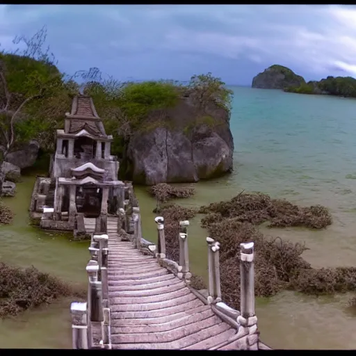 Image similar to security cam footage of pillars by a cove with odd houses and temples on top of them