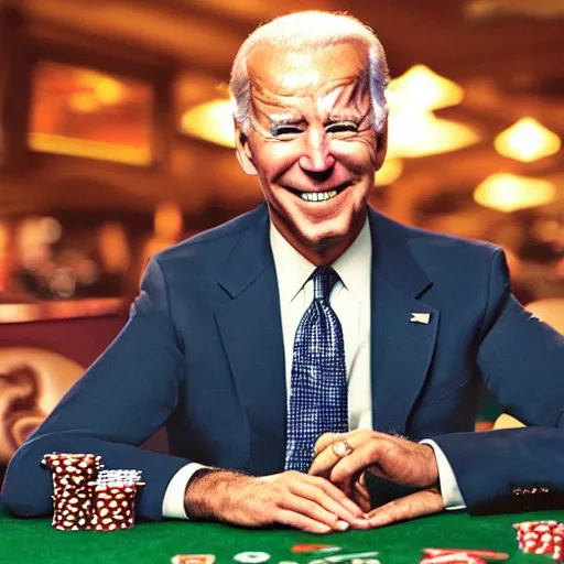 Image similar to joe biden smoking a cigar and playing poker in a casino, photorealistic