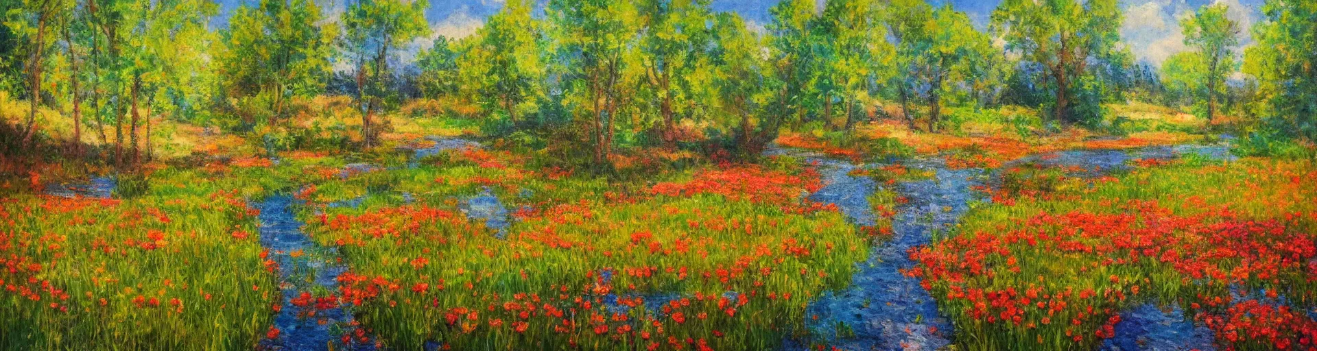 Image similar to an impressionist painting of a gorgeous meadow with a stream flowing through it surrounded by large mushrooms, psychedelic colors, trending on artstation,