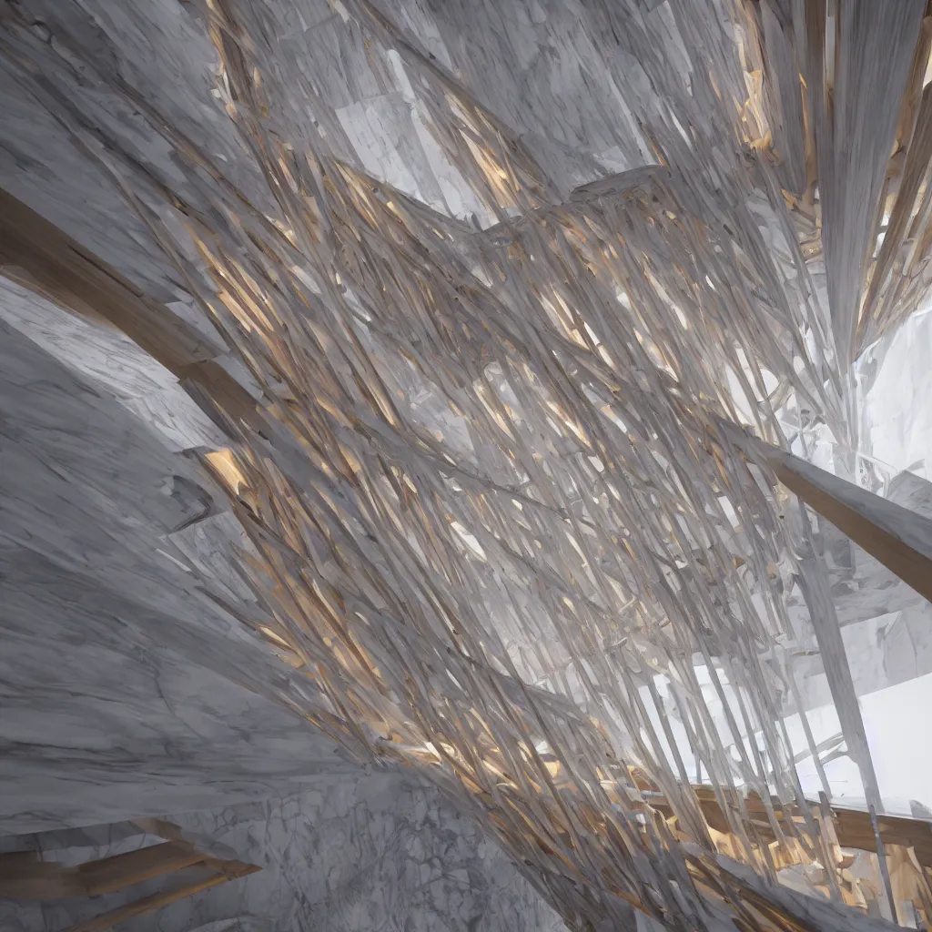 Image similar to a wooden and marble monumental stair tower of light climbing up, designed by zaha hadid, highly detailed, 4 k, unreal engine, volumetric lightning, mist, golden goddess athena