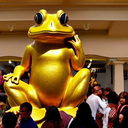 Image similar to people worship a huge golden frog statue