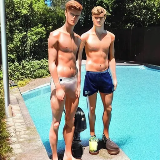 Image similar to a realistic detailed photo of a guy who is an attractive humanoid who is half robot and half humanoid, who is a male android, soccer players martin ødegaard & timo werner, shiny skin, posing like a statue, blank stare, by the pool, on display, showing off his muscles