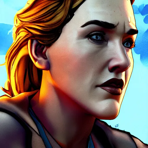 Image similar to kate winslet portrait, borderlands, tales from the borderlands, the wolf among us, comic, cinematic lighting, studio quality, 8 k