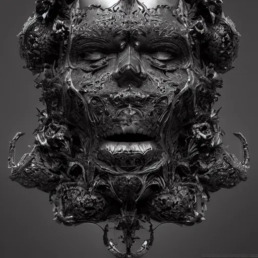 Prompt: a face made of black cast iron. black background. gothic baroque. symmetry. epic. ominous shapes. hyper detailed. photoreal. octane render. trending on artstation.