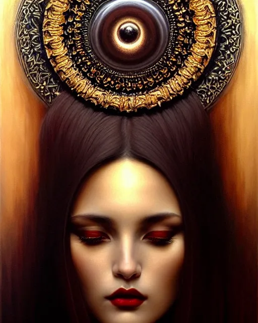 Image similar to portrait of a beautiful goddess, enigmatic beauty, muted shades of black, gold silver, dark red, white, head in focus, fantasy art, ornamental aesthetics, intricate, elegant, highly detailed, hyperrealistic, artstation, concept art, soft illumination, painterly, sharp focus, by karol bak