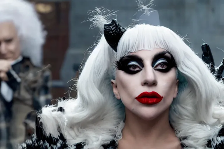 Image similar to lady gaga plays cruella in the live action adaptation of cruella, red weapon 8 k s 3 5, cooke anamorphic / i lenses, highly detailed, cinematic lighting