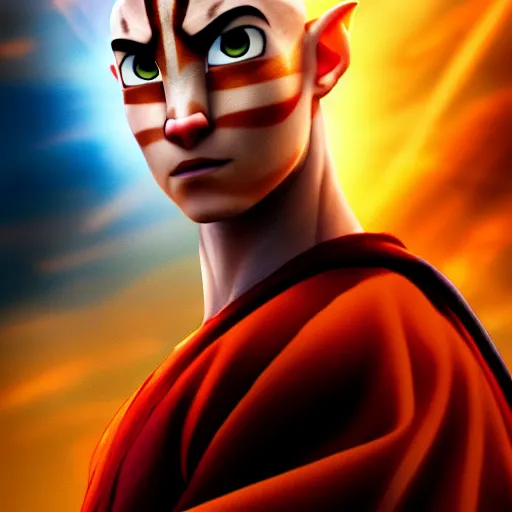 Image similar to a portrait of Avatar Aang by Zack Snyder, Christopher Nolan, Steven Spielberg, Avatar the Last Airbender, 8k photorealistic, cinematic lighting, HD, high details, dramatic