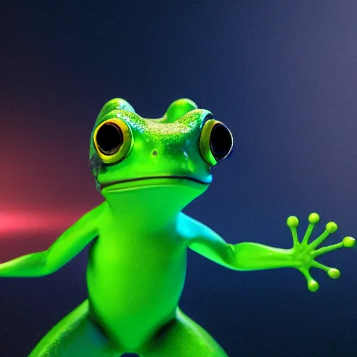 Prompt: a frog dancing ballet, artstation award winner, digital art, volumetric lighting, neon colors, smoke, bokeh lights ,short telephoto, octane render, highly detailed n-3