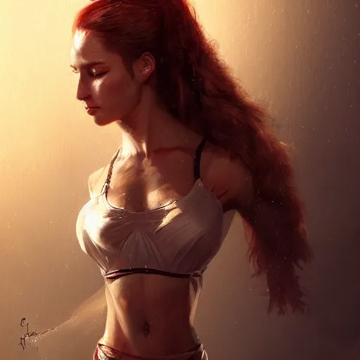 Image similar to proud muscular female turkish dancer girl on haerm, portrait by Cedric Peyravernay, highly detailed, excellent composition, cinematic concept art, dramatic lighting, trending on ArtStation